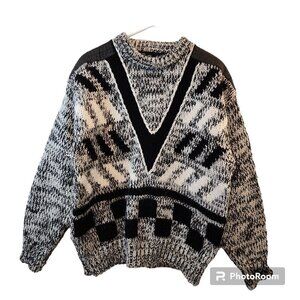 Forte Black White Sweater Leather Accents Retro VTG 90's Cosby Style